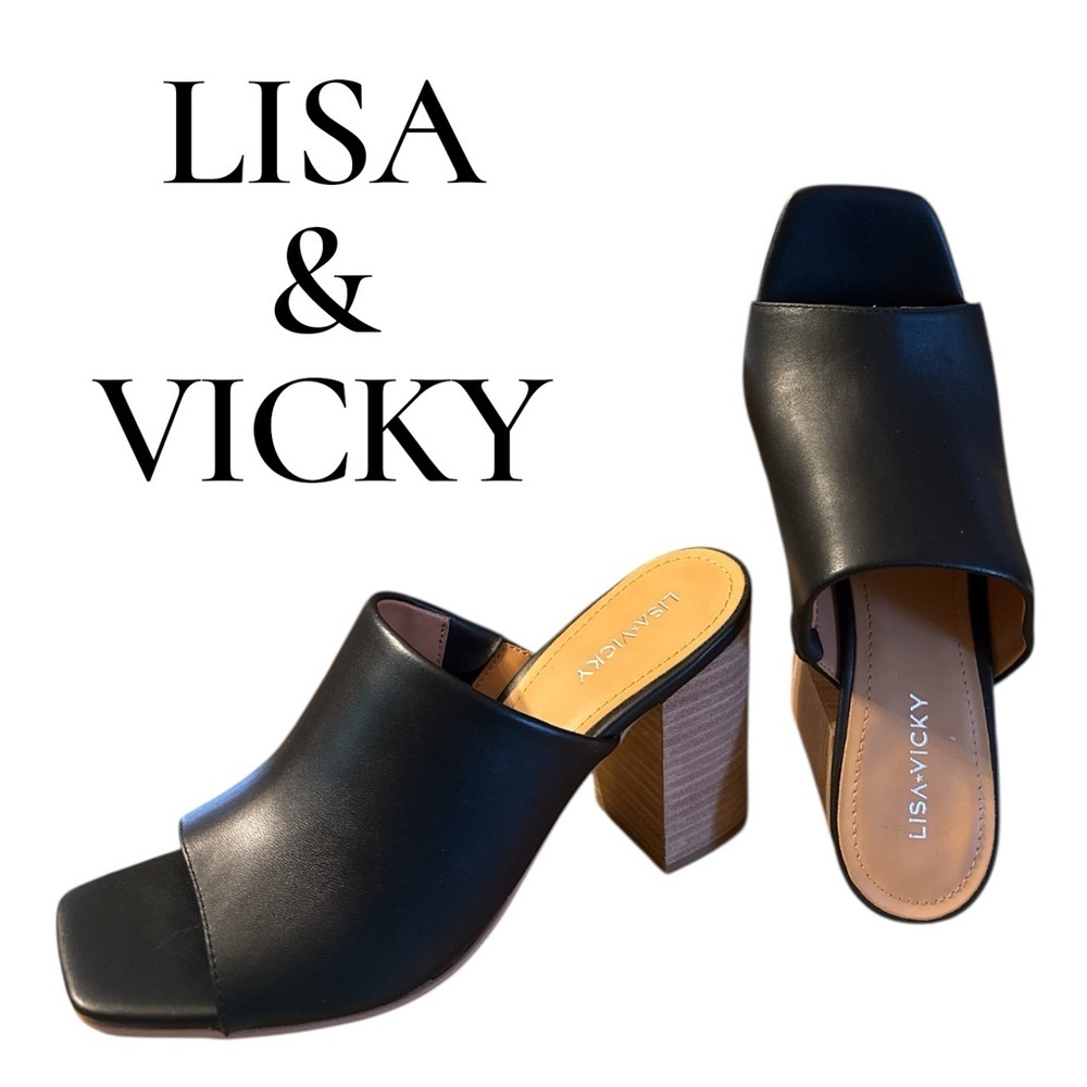 Lisa & Vicky Black Open Toe Block Heel Mules Square Toe Slip On Heels 8.5M
